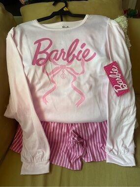 Barbie Pink Logo Long-Sleeve Top with Pink Striped Shorts